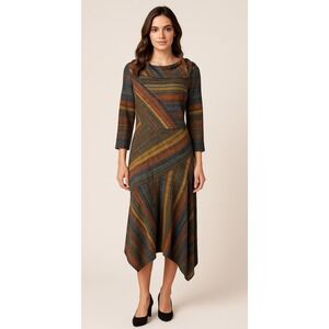Danny and Nicole Dress Women 6 Brown Striped Asymmetrical Hem Midi Boho Preppy